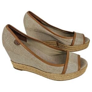 TORY BURCH WOMEN'S BEIGE / BROWN MAJORICA 5" WEDGE HEEL ESPADRILLE SIZE 8 (38.5)